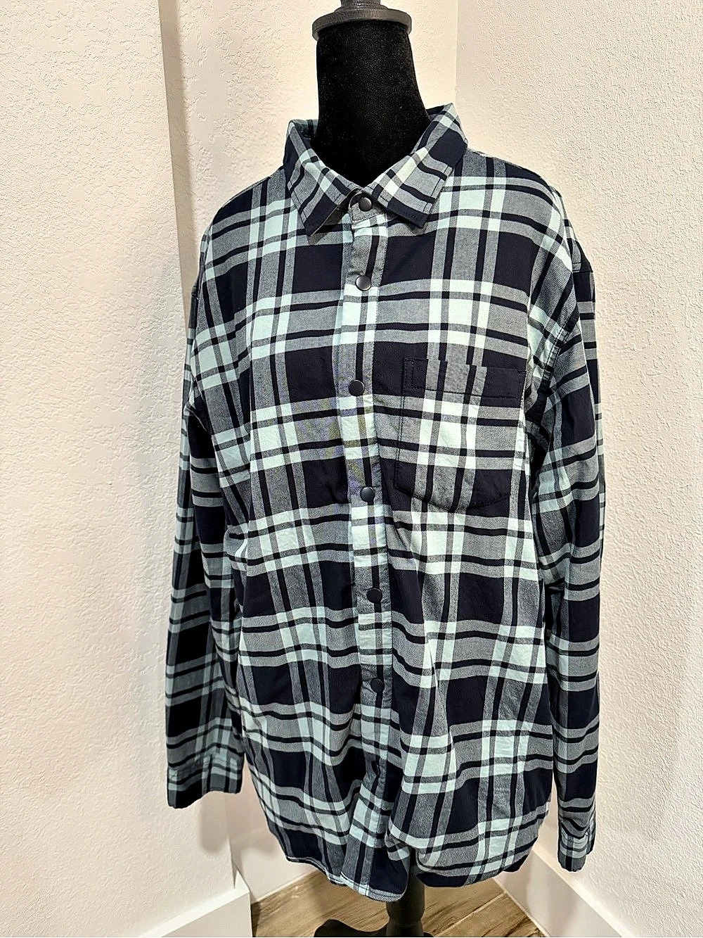 Plaid Snap-Front Shirt in Blue & White Like New